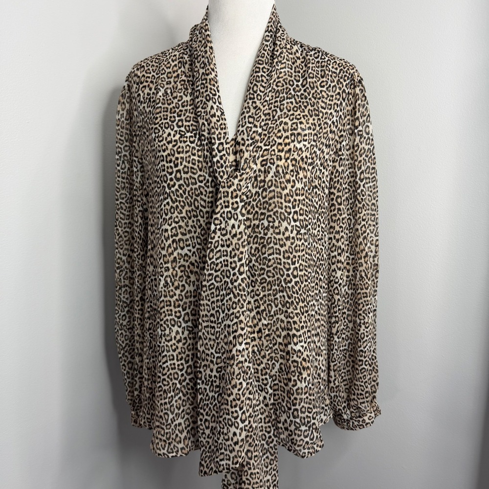 Chicos Leopard Print Tie Neck Blouse Size 3.5 XL Brown Animal Print Sheer Top